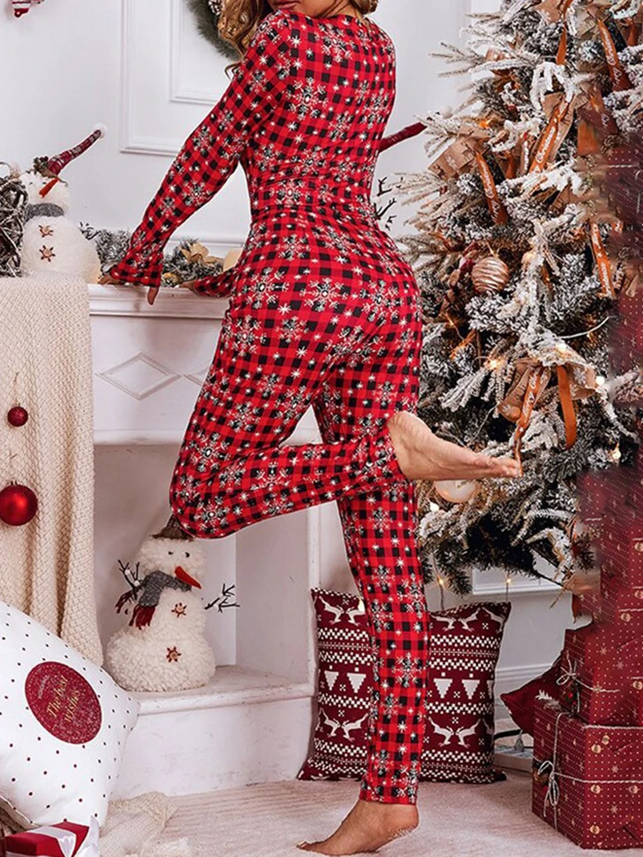 Women Christmas Pj Jumpsuit Long Sleeve Crew Neck Plaid/Snow Button Closure Bodysuit Loungewear Pajama Sleepwear