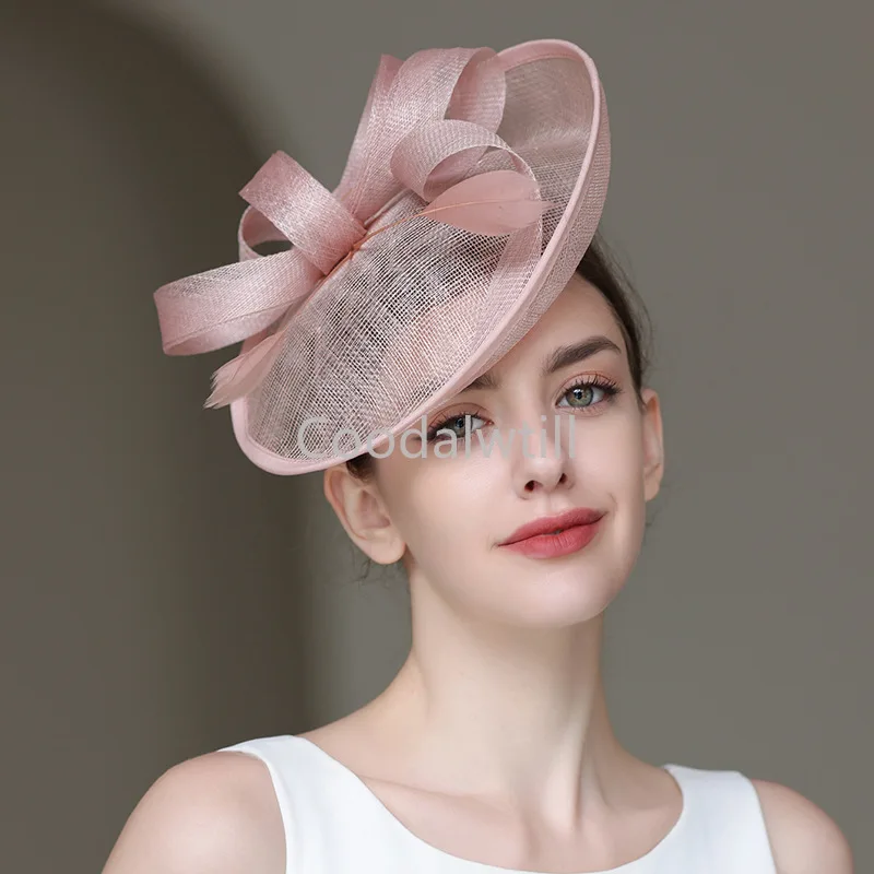 Elegant Wedding Fascinator Hat Women Elegant Evening Derby Headpiece Feather Fancy Flower Linen Chapeau Cap Headband Hair Clip