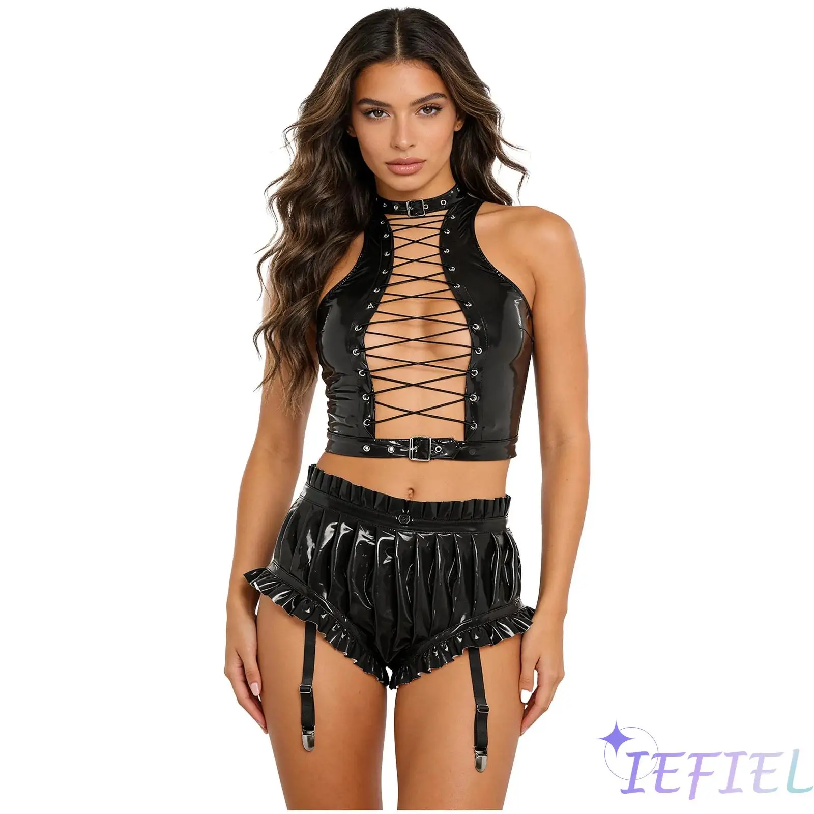 

Womens Glossy PU Club Outfit Front Eyelet Lace-up Crop Top And Ruffled Trim Pleated Bloomer Shorts Lady Jazz Pole Dance Costume