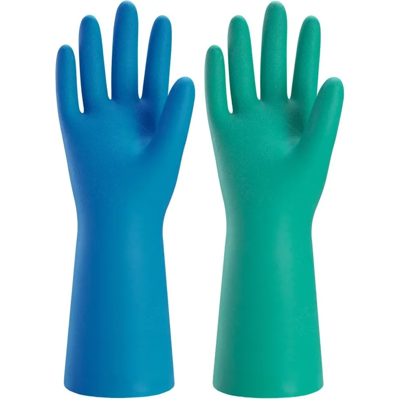 2 Pairs Green Blue Reusable Kitchen Gloves for Washing Dishes Nitrile Rubber Dishwashing Gloves Reusable Household Cleaning