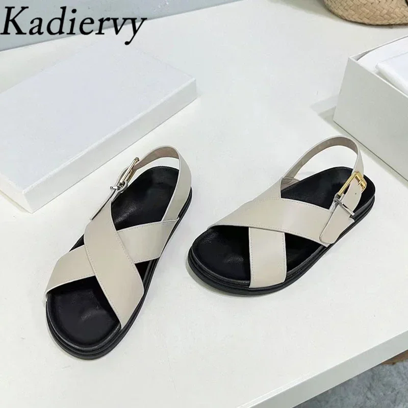 New Flat Sandals Woman Genuine Leather Cross Strap Holiday Beach Shoes Woman Thick Sole Roman Sandals Women Sandalias Mujer