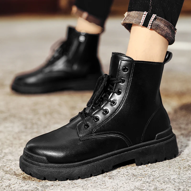 Autumn Winter New Leather Boots For Men Black Boots Platform Fashion Boots All-match Men\'s Fashion Boots Zapatos Para Hombres