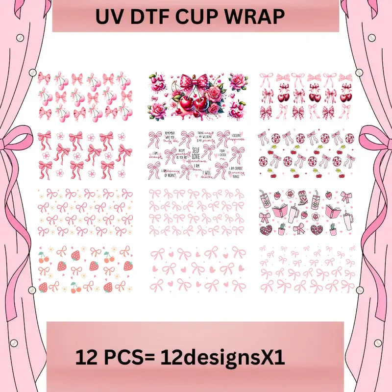 Cherry Blossom UV DTF Cup Stickers Pink Bow Design for 16oz Glass Water Bottles DIY Craft Decals