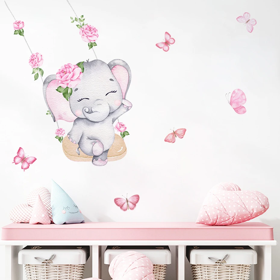 Watercolor Pink Elephant Cloud Wall Stickers for Kids Room Baby Nursery Room Decoration Wall Decals Boy and Girls Gifts PVC