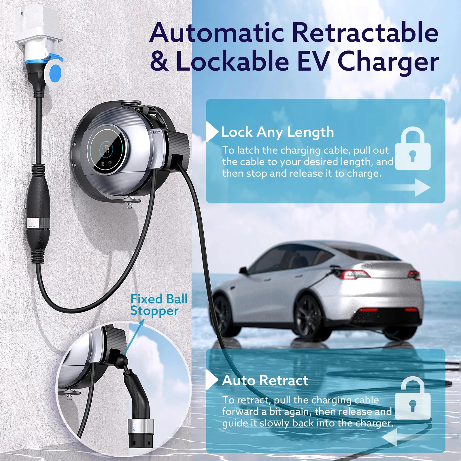 QIAO Type 2 Smart EV Charger 3.5KW/7KW WiFi/Blue-tooth/App Control Plug Charge with LED Display 2.8-Inch Display Electric Car