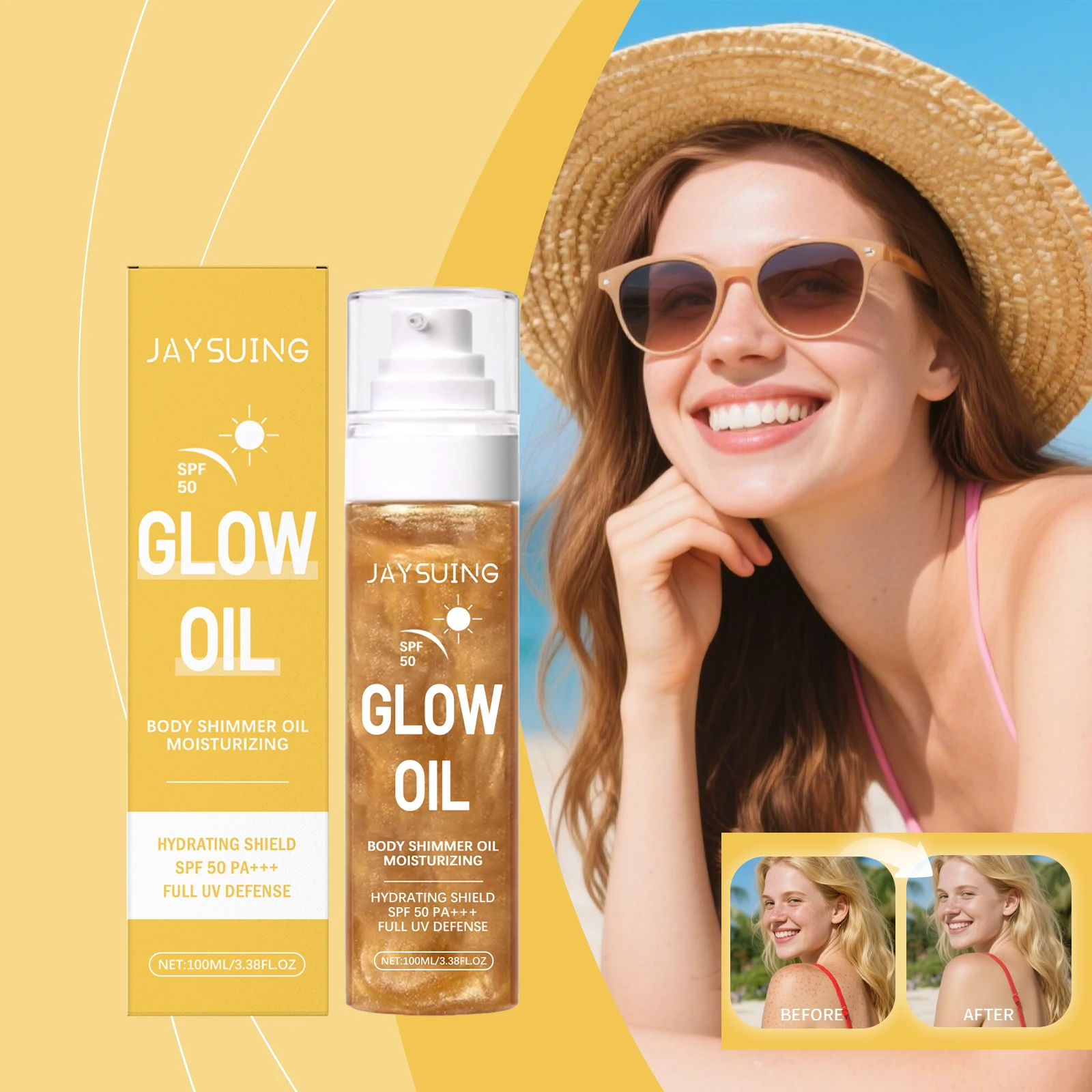 Aceite de Coco Protector Solar SPF 50, Suero Facial Ligero e Hidratante, Aceite Corporal Humectante con Protección UV, Esencia Facial para Mujeres y Hombres