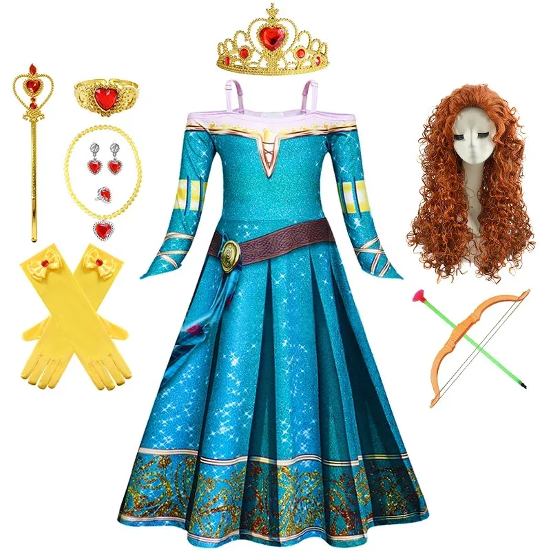72th Anime Cosplay Cartoon Movie Girls Merida Dress Halloween Brave Princess Costume Children Green Velvet Long Sleeve