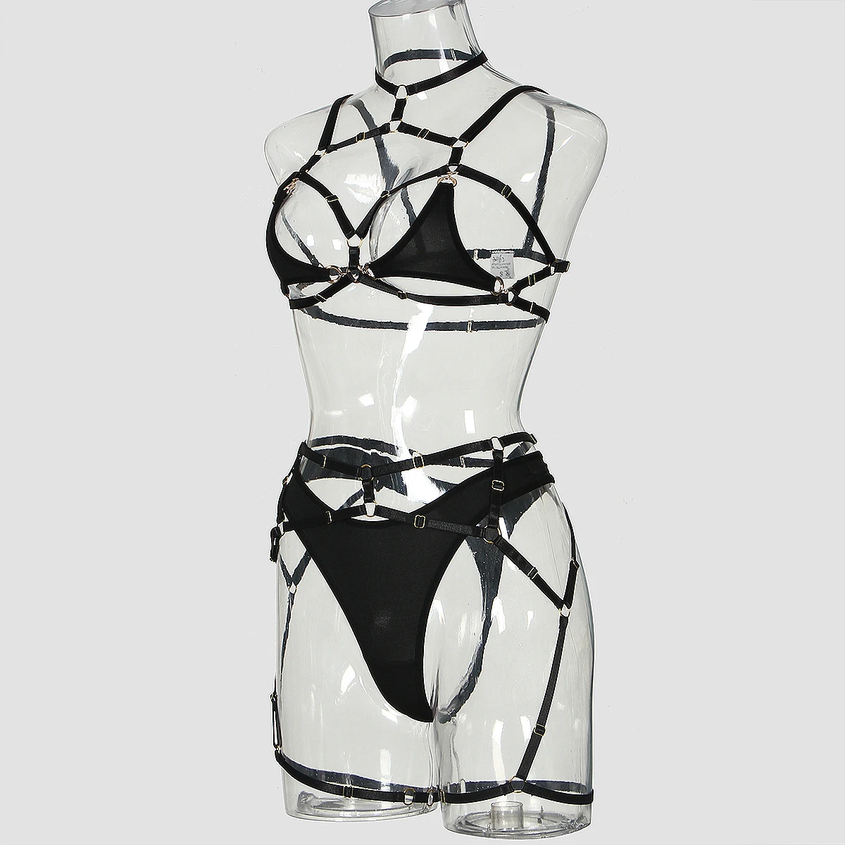 MUZISKAT 2023 Hot New Sexy Hollow Complex Straps Three-Piece Hanging Neck Erotic Lingerie Set Onlyfans