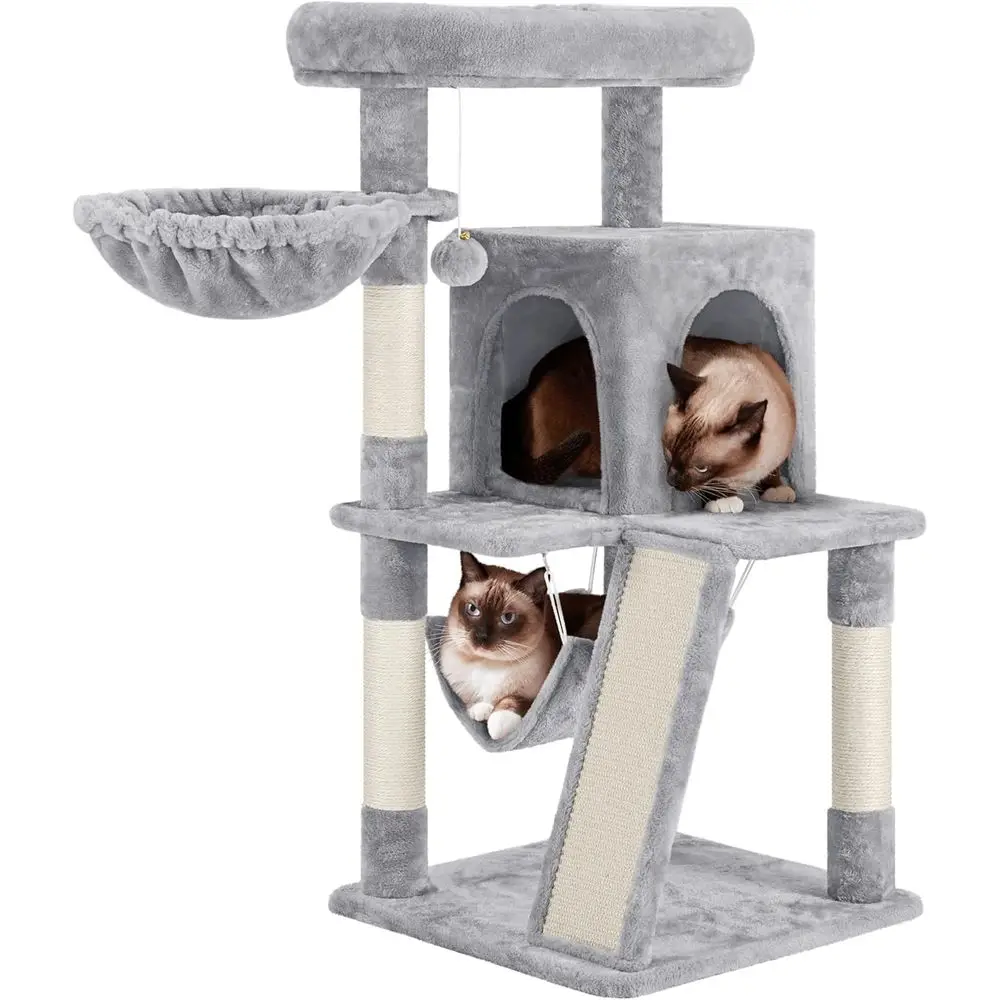 

40 Cat Condo with Hammock, Large Platform, Scratching Board, Basket, Beds for Kittens, Light Gray