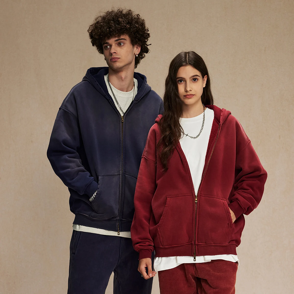 New Rips Spray Dyeing Double Zipper Hoodie for Men Slightly Oversized Vintage Thick