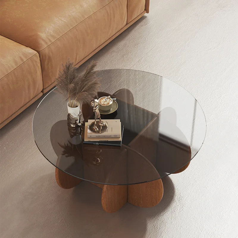 

Light luxury glass size apartment living room round coffee table solid wood coffee table