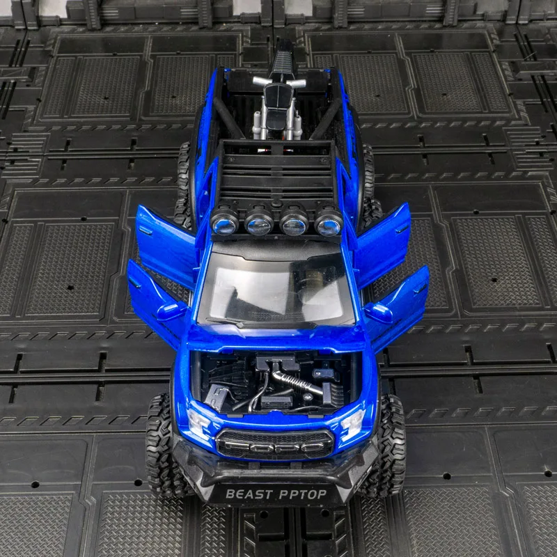 1:24 Ford Raptor met motorfietsversie legering automodel ornament, deur kan worden geopend, speelgoedauto voor kinderen, verjaardagscadeau