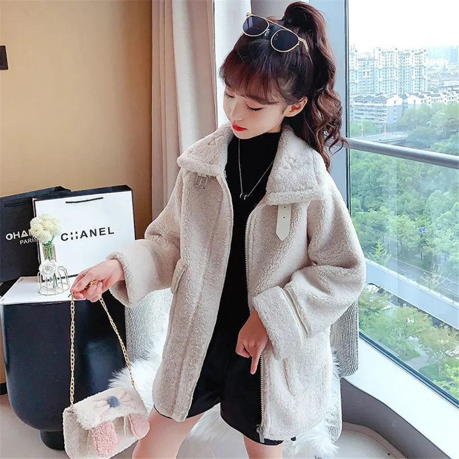 2024 Girls cloth Children Autumn Winter Woolen Jackets Thick Mid-length Lamb Down Coat Big Kids Warm 6 7 8 9 10 11 12 year