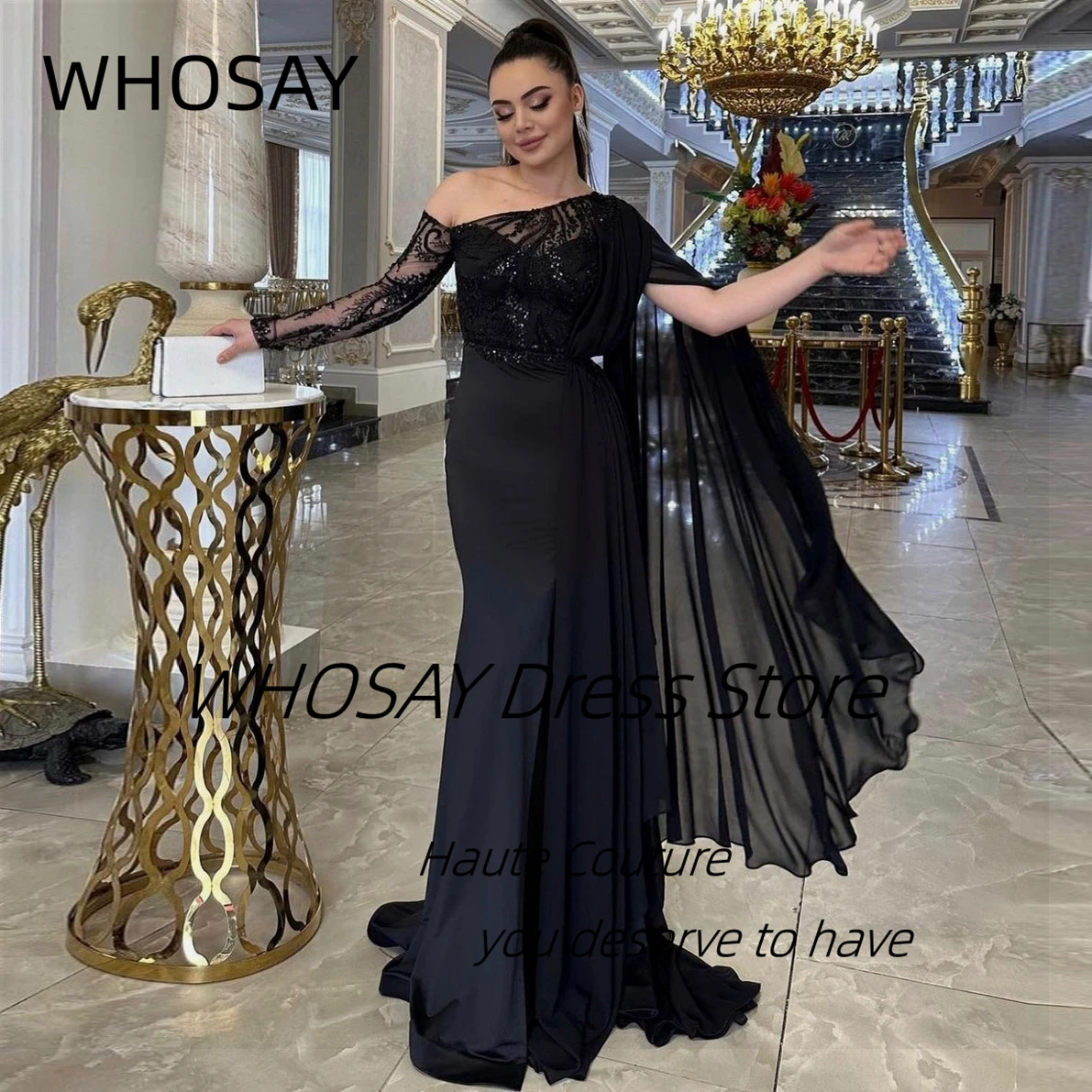 WHOSAY Black Mermaid Dresses for Special Banquet Long Sleeves Evening Dress Side Slit Formal Occasion Women Wear Prom Gowns