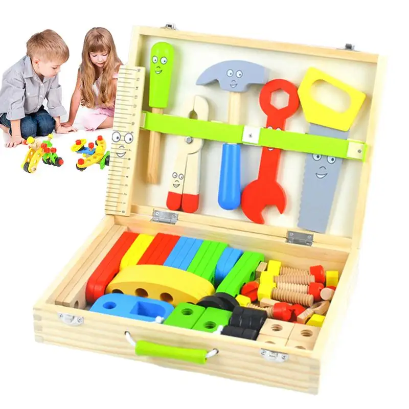 Toy Tool Set 69pcs Cartoon Tools Workbench Set Educational Kids Tool Kit Construction Toys Portable Wood Tool Box For Boys Girls