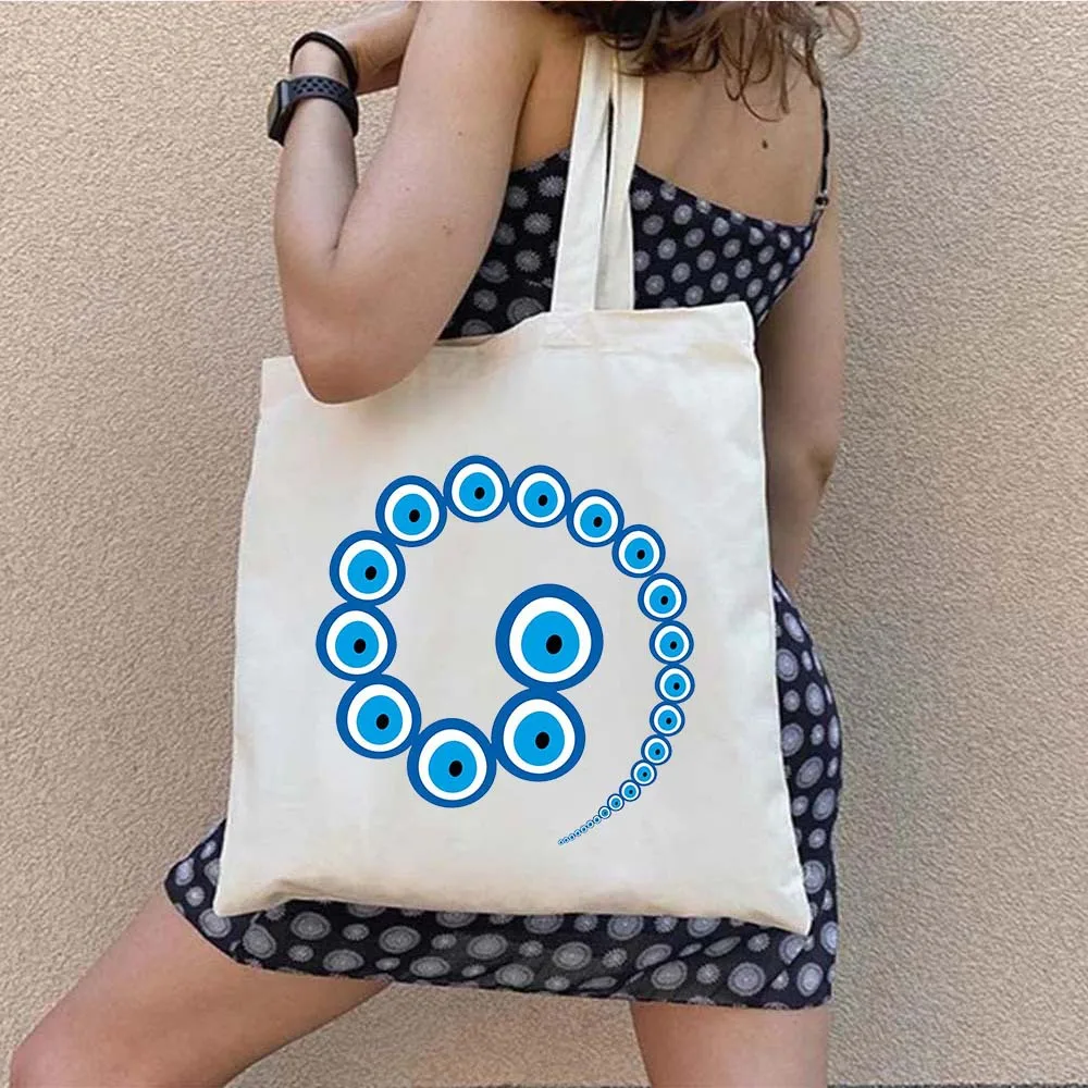 Graffiti Greek Evil Eye Printed Canvas Bag Single Shoulder Bag Folding Bag Handheld Shopping Bag