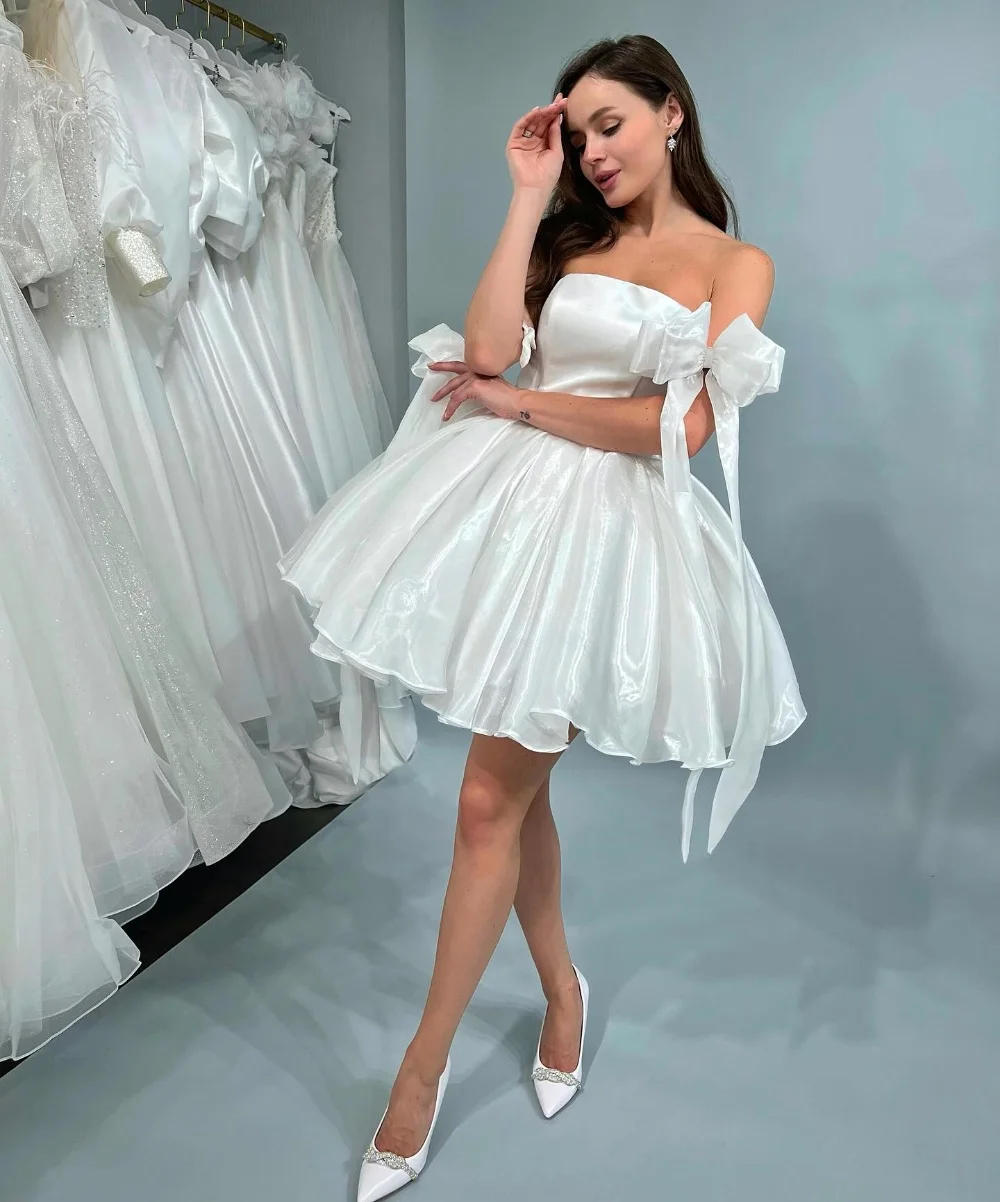 

Customized High Quality Organza Pleat Bow A-line Strapless Short Dresses Evening Classic Exquisite Modern Style Pastrol Formal