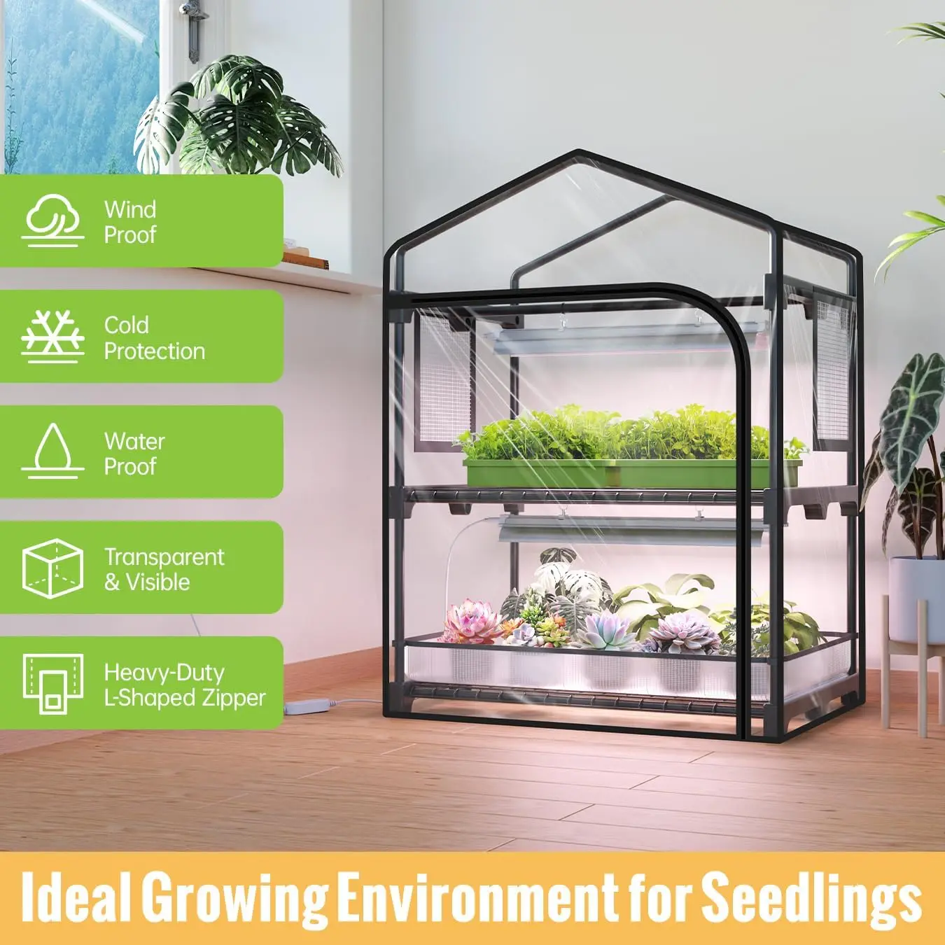 2-Tier Indoor Greenhouse Plant Stand with Grow Light, 27 x 19 x 35 Inches