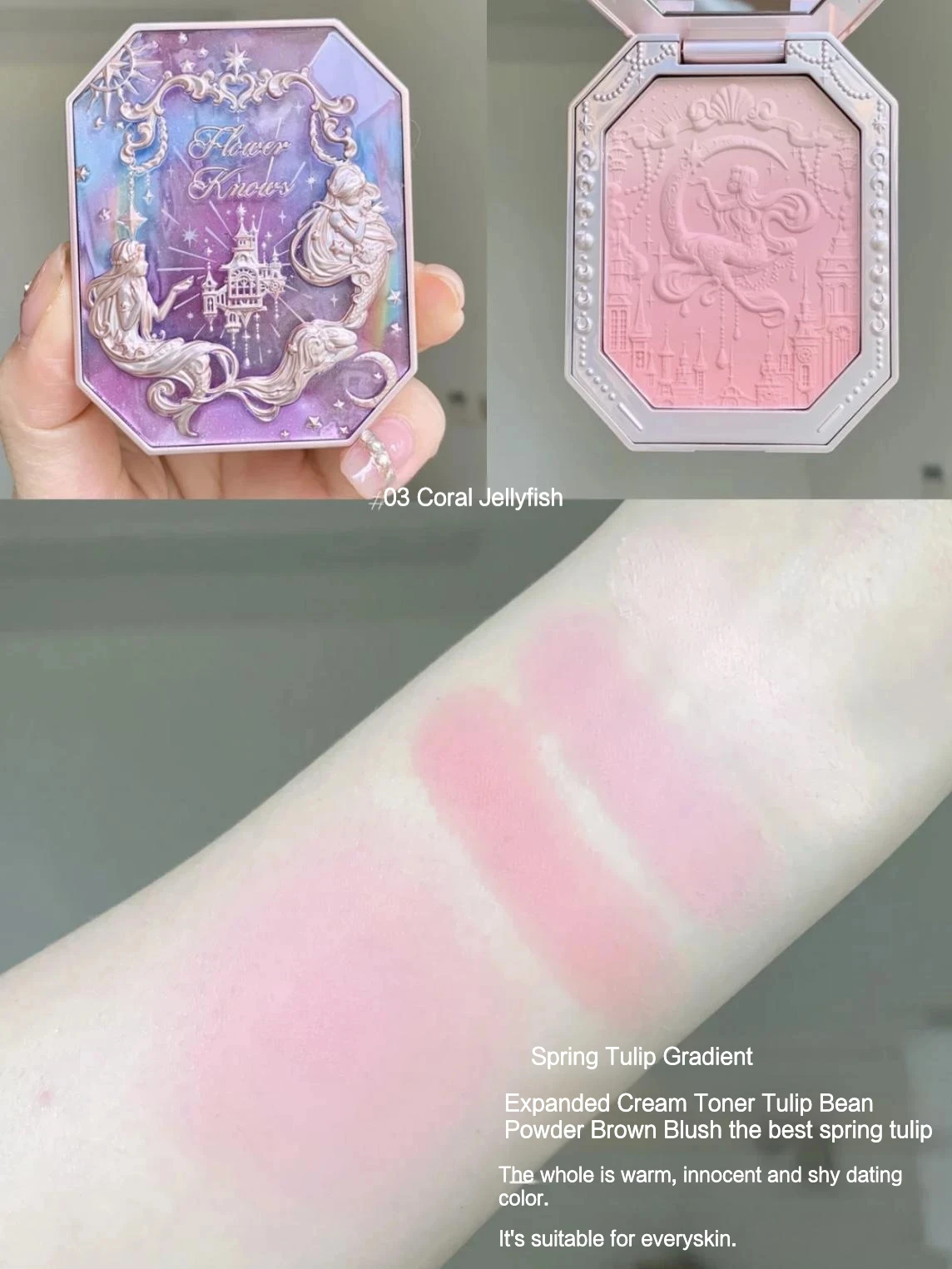 Flower Knows Cheek Blush Moonlight Mermaid Tri-Color Gradient Blusher in Matte Finish Vegan Cruelty Free Private Label Makeup