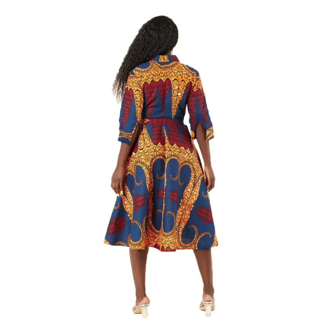 YS902 Abito camicia stampato a maniche lunghe moda africana per donna Vestibilità ampia Abbigliamento autunnale Piccolo motivo stampato