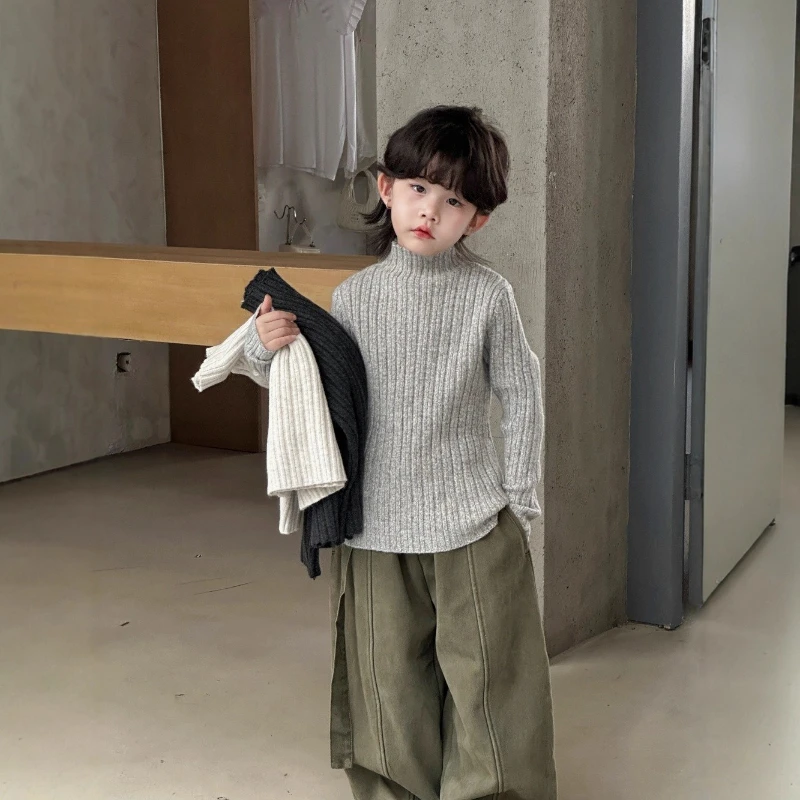 

2025 Winter Children's New Hot Selling Versatile A-class Soft Half High Collar Pit Strip Long Sleeve Solid Color Base Shirt
