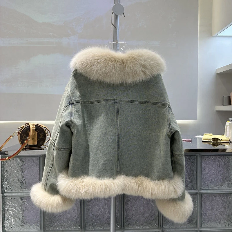 Winter Thicken Fur Denim Jacket Womens Warm Jean Jacket Stand Collar Wool Liner Sherpa Denim Coats Thicker Outerwear Pocket