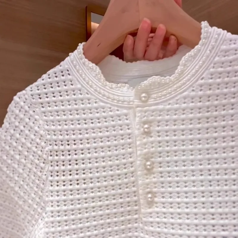 French Style Floral Dress Set for Women's Summer Wear Paired with A Complete Set of Pearl Collar Hollow Knit Sweater image 4