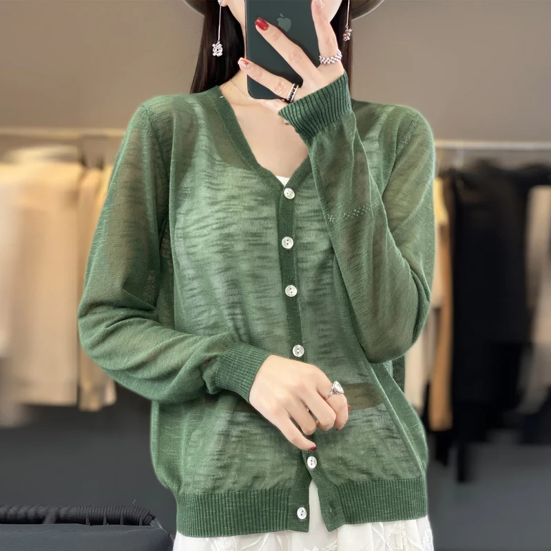 Summer Sunscreen Ice Silk Cardigan Women\'s V-Neck Long Sleeve Loose Knitted Top Solid Transparent Cardigan Air Conditioned Shirt