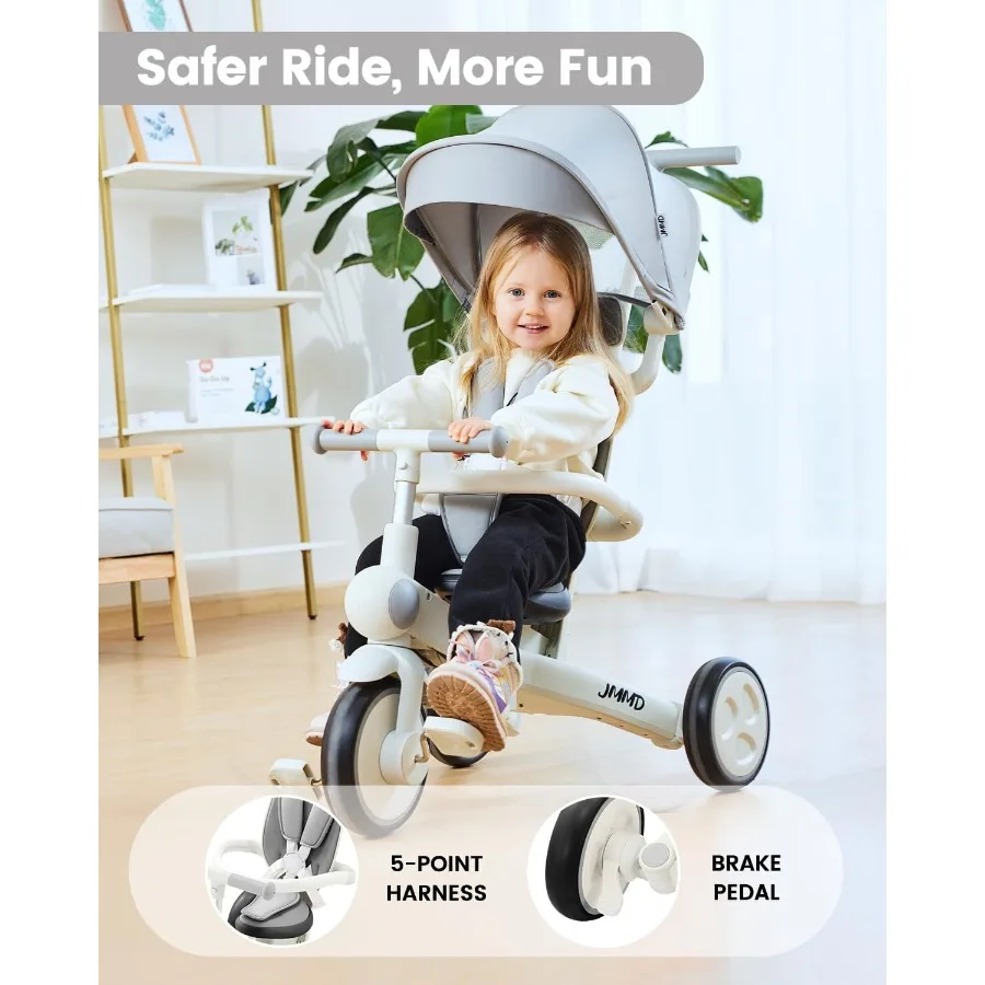 Triciclo para bebês, triciclo infantil multifuncional 7 em 1 com alça ajustável para pais, arnês de segurança e freios de rodas, dossel removível
