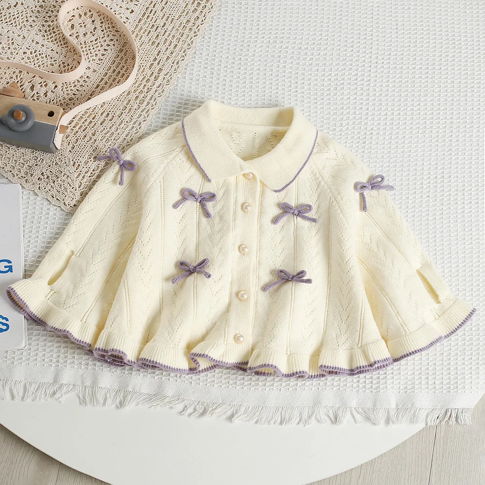 

Toddler Girls Autumn Cloak 2025 New Fashionable Sweetheart Bowknot Turn-down Collar Ruffle Knit Coats Kids Spring Cardigan
