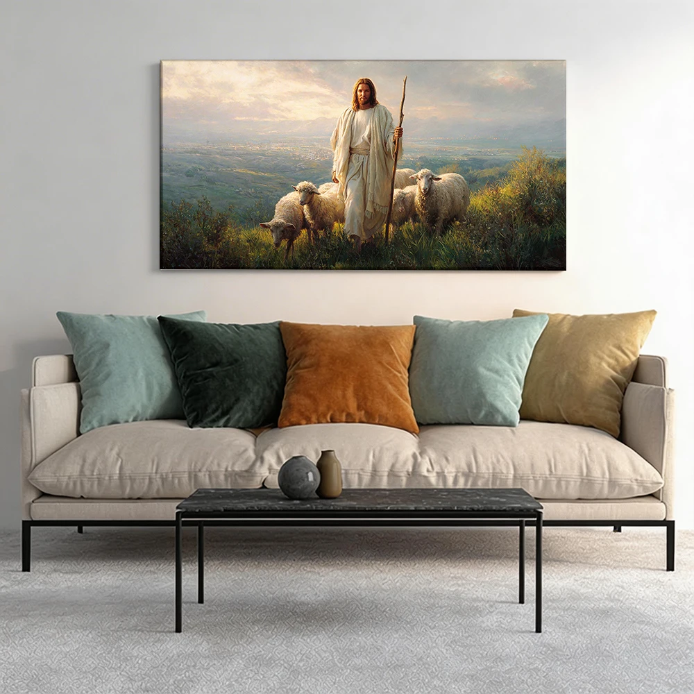 

Large-sized solid wood frame canvas painting 1pc Shepherd with staff, among sheep.