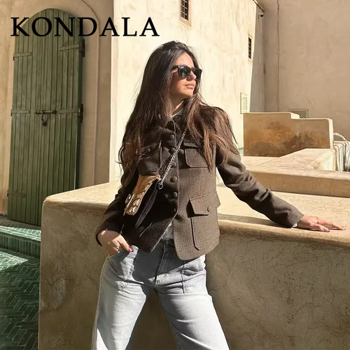 Imagen 2 del producto KONDALA 2025 Otoño Invierno chaquetas Vintage a cuadros para mujer moda país marrón bolsillos de un solo pecho chaquetas elegantes elegantes para mujer