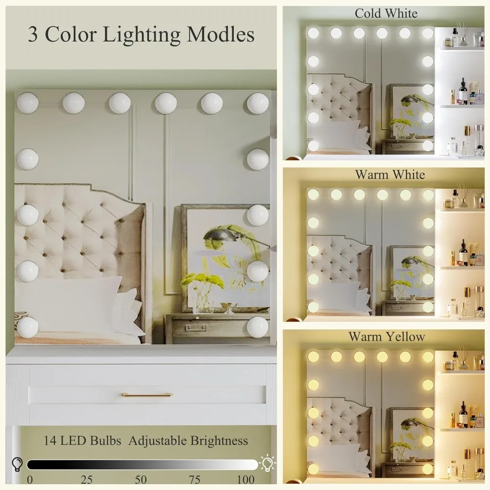 مكتب فانيتي مع مرآة وأضواء، مكتب زينة للمكياج مع مخرج طاقة، 3 ألوان إضاءة سطوع قابل للتعديل، زينة بيضاء #2