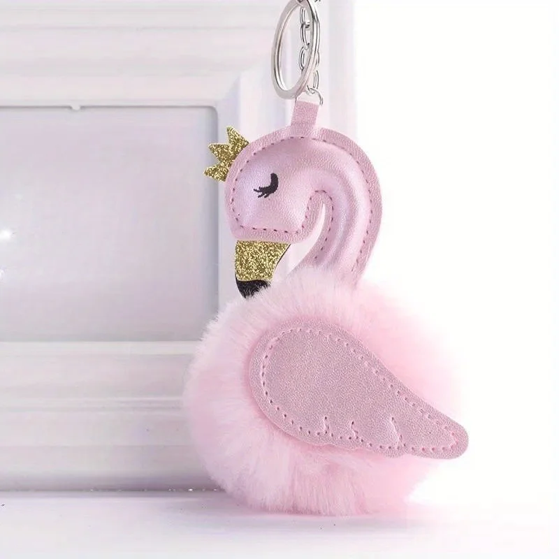Cute Pink Flamingo Pompom Keychain Women Rabbit Fur Swan Car Key Ring Holder Bag Charm Pendant Best Friend Accessories Gift S106