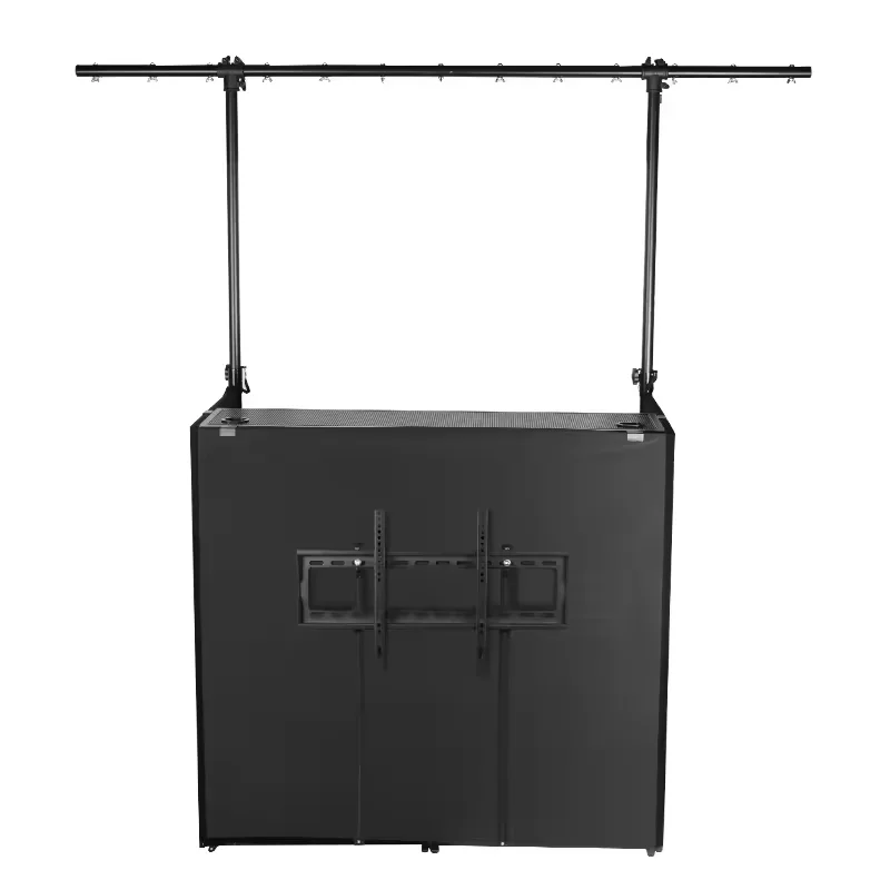 DJ Booth Portable equipped with Event Facade White/Black Scrim Curtain, Metal Frame, TV Stand, and Lighting Stand