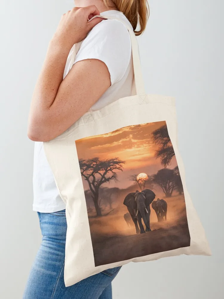 Elephants African Safari Sunset Desert Sahara Tote Bag shopping bags foldable canvas tote bags Canvas Tote Bag