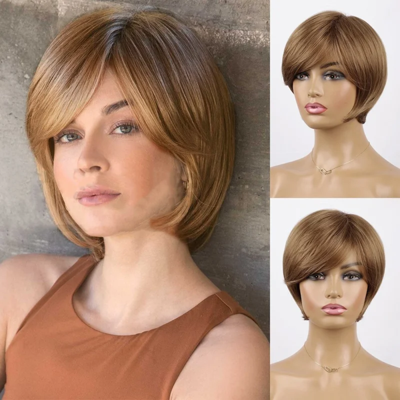 

Women Brown Blonde Short Bob High-Density Synthetic Hair Wig Daily Use Cos
