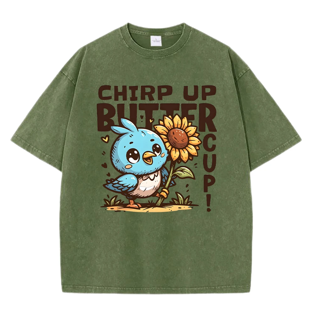 

Chirp Up Butter Cup Bird Printed Men Washed T-Shirts Casual Trendy Tops Cotton O-Neck Soft Short Sleeve Summer Male T Shirt