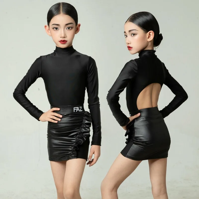 Girls Black Latin Dance Leotard Long Sleeve Frill Skirt Professional Kids Cha Cha Rumba Performance Dancewear Line Dance Top