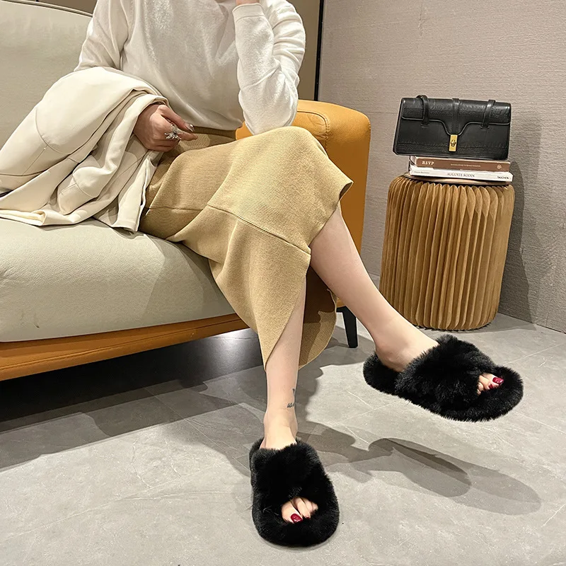 Cross Straps Fluffy Fur Slippers for Women Autumn Winter Flat Home Cotton Slippers Woman Comfort Non Slip Indoor Floor Slides