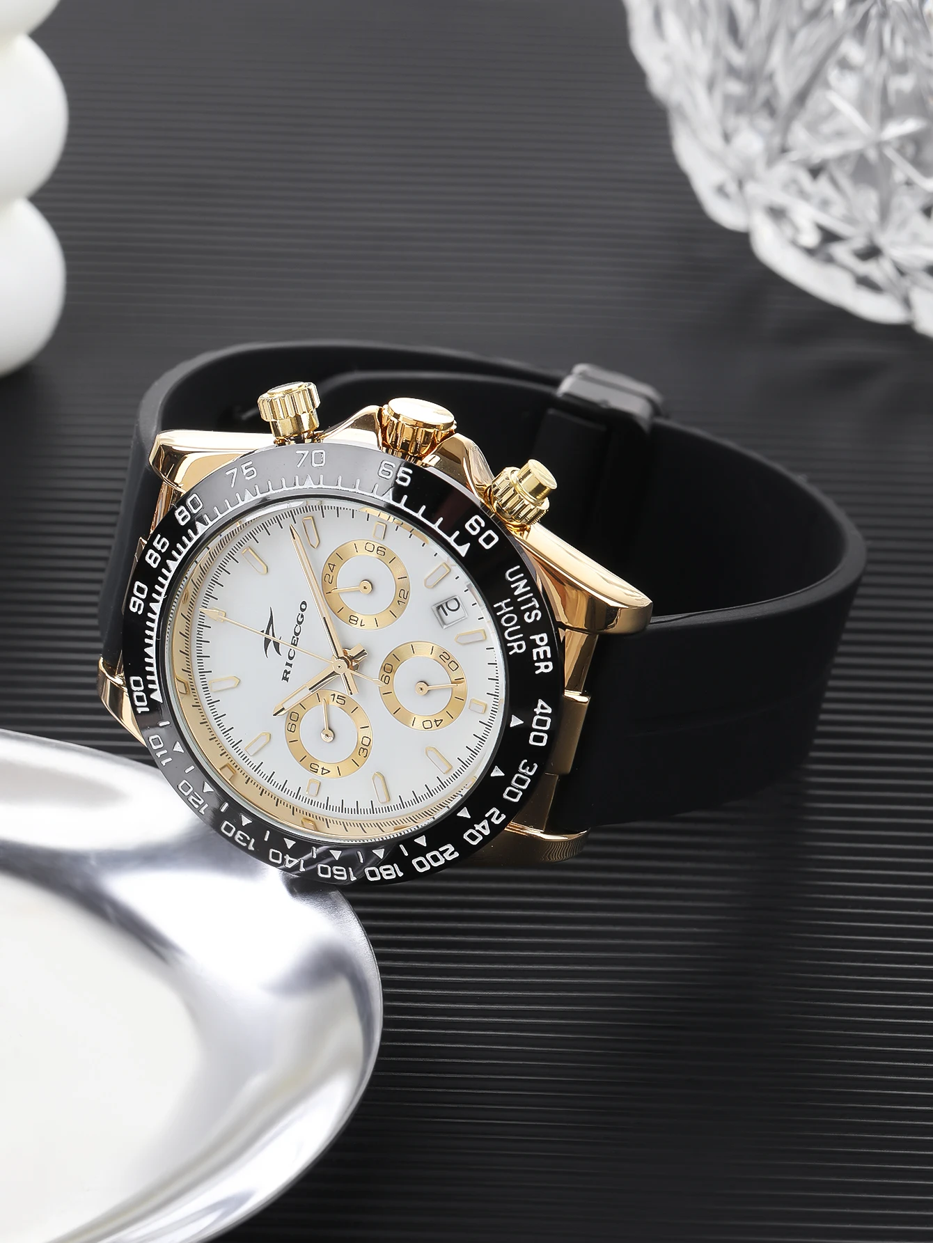 ساعة Ricecgo ثلاثة عيون ستة دبابيس أنيقة للرجال، ساعة كوارتز، تقويم كرونوغراف متعدد الوظائف، ساعة مطاطية، جودة عالية، لهدايا العطلات #4