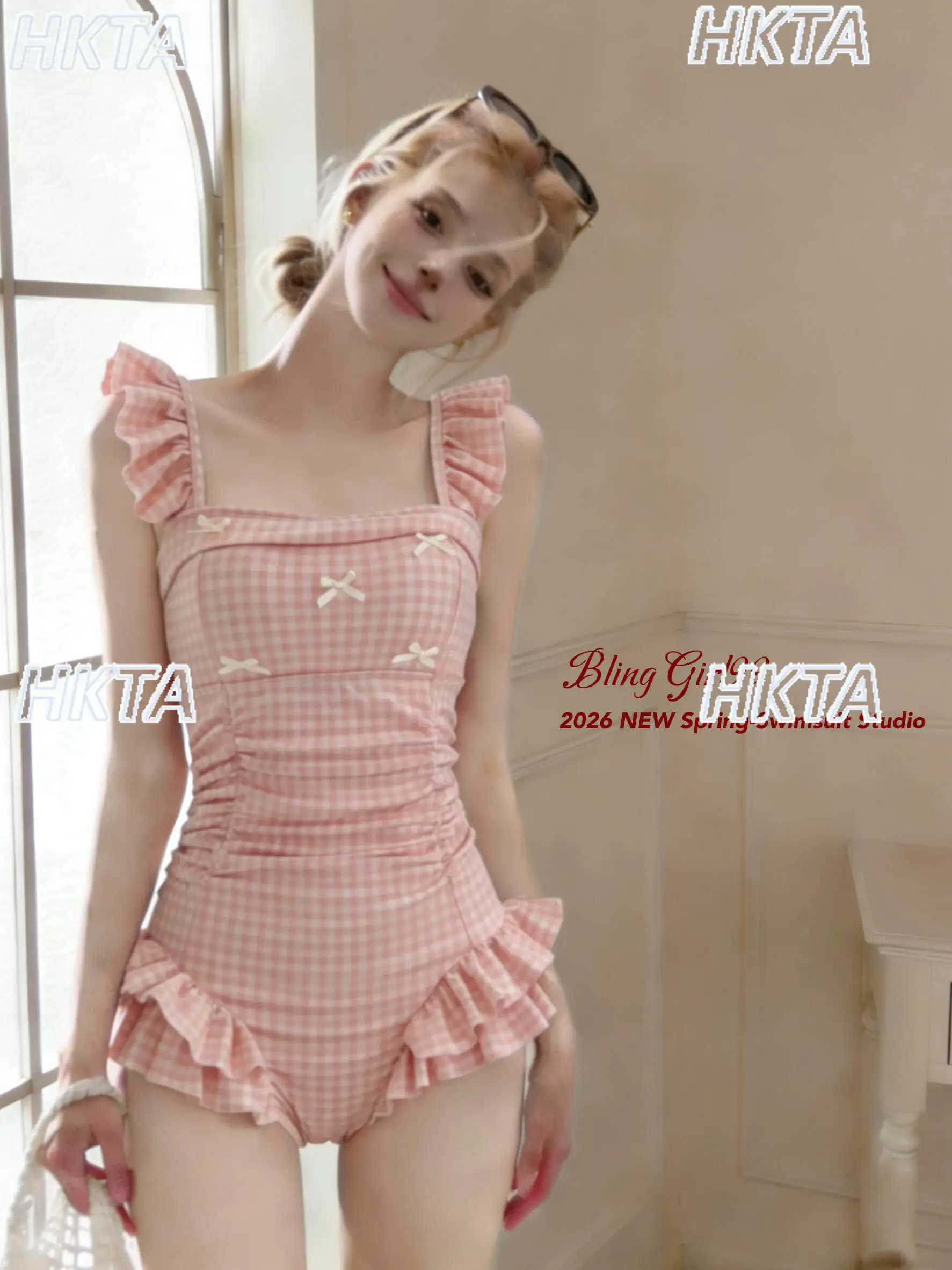 Sweet Plaid Ruffle Edge Flying Sleeve Square Collar One Piece Swimsuits 2026 Summer New Lolita Thin Bow Casual Beach Swim Women