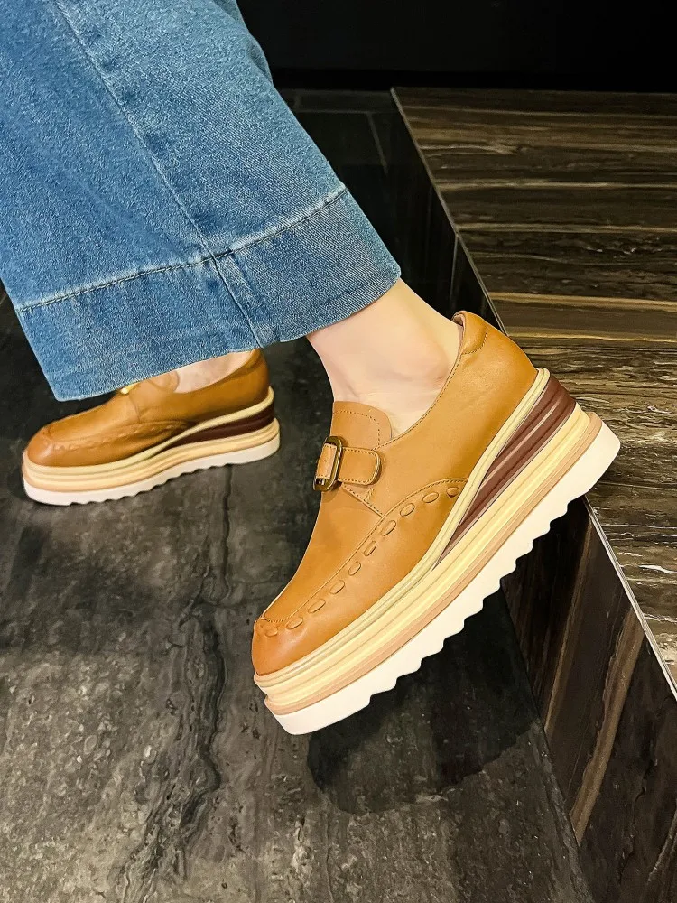 British Style Women Wedges Pumps Buckle Round Toe Split Leather Office Ladies High Heel Platform Shoes Vintage Casual Loafers