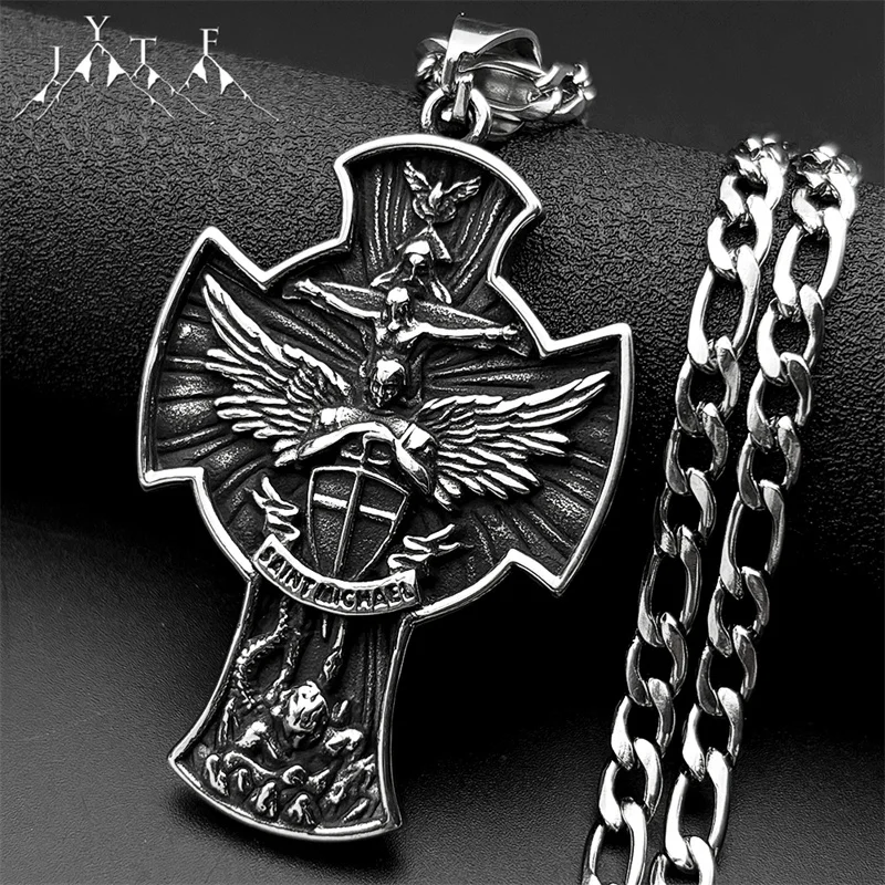 خمر رئيس الملائكة سانت مايكل يسوع الصليب قلادة قلادة للرجل الفولاذ المقاوم للصدأ أجنحة الملاك درع سلسلة تميمة المجوهرات #1