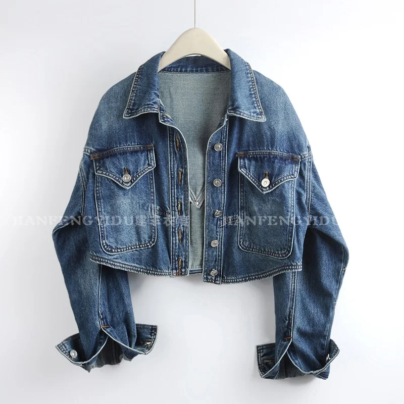 Autumn Fashion Loose Big Pocket Short Cowboy Outerwear Women Casual Lapel Single-Breasted Long Sleeve Female Jeans Jacket Coat