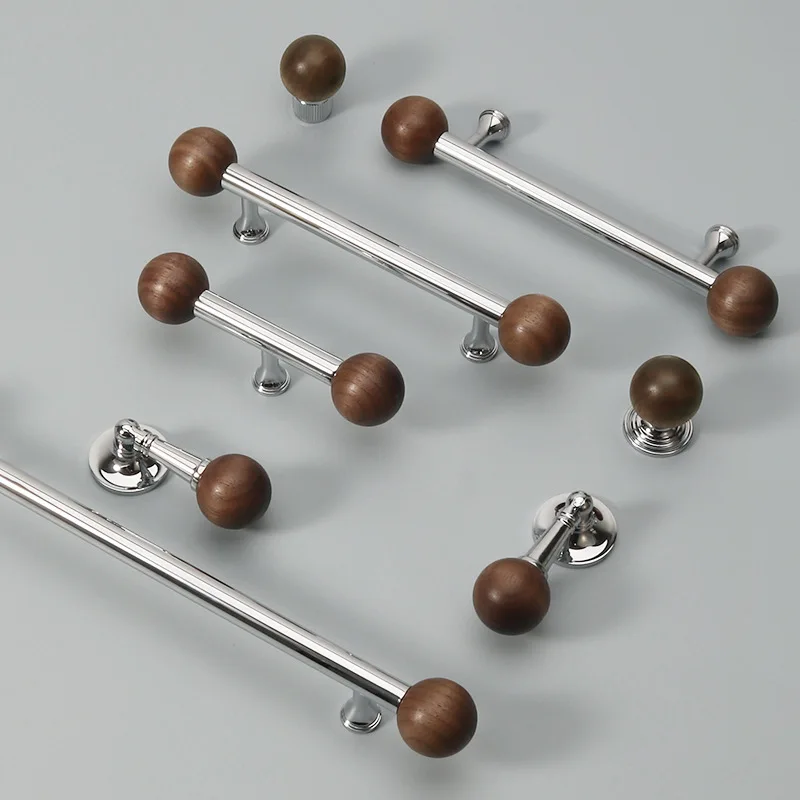 Nordic Chromium-plated Brass Walnut Furniture Handles Bright Silver Knobs and Handles for Drawers Luxury Kitchen Cabinet Handles