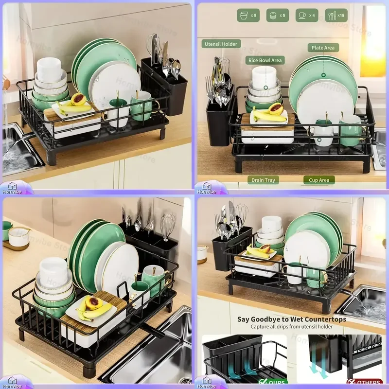 Rustproof Dish Drying Rack for Kitchen Countertop with Utensil Holder and Drain Board Organizer Drainer for Sink Area