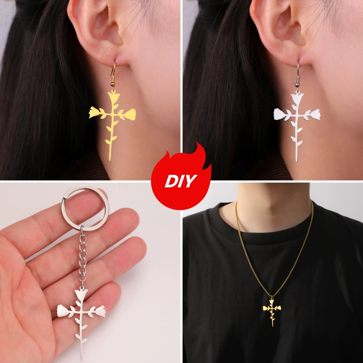3 teile/los Elegante Edelstahl Rose Kreuz Anhänger Romantische Blume Charms Für Schmuck Machen DIY Halskette Ohrring Zubehör – Detail 5