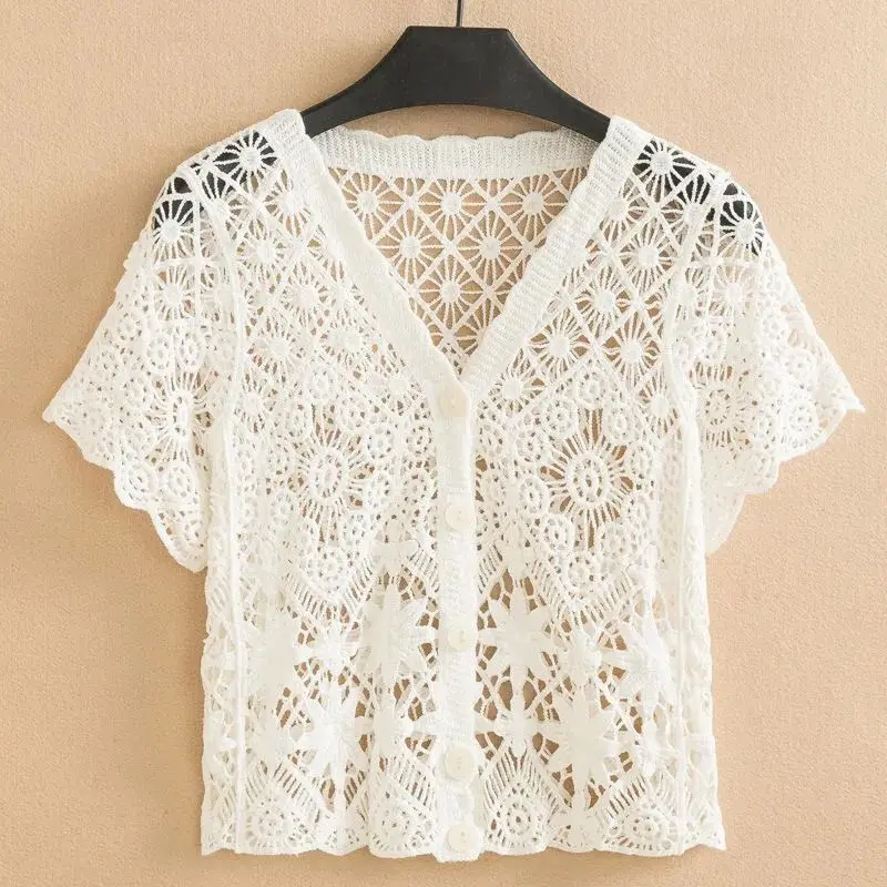 

Women's Summer Thin Knitted Cardigan Korean Version V-Neck Top Hollowed Out Embroidered Lace Short Tops Ropa De Mujer Ofertas