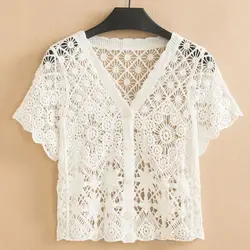 Women's Summer Thin Knitted Cardigan Korean Version V-Neck Top Hollowed Out Embroidered Lace Short Tops Ropa De Mujer Ofertas